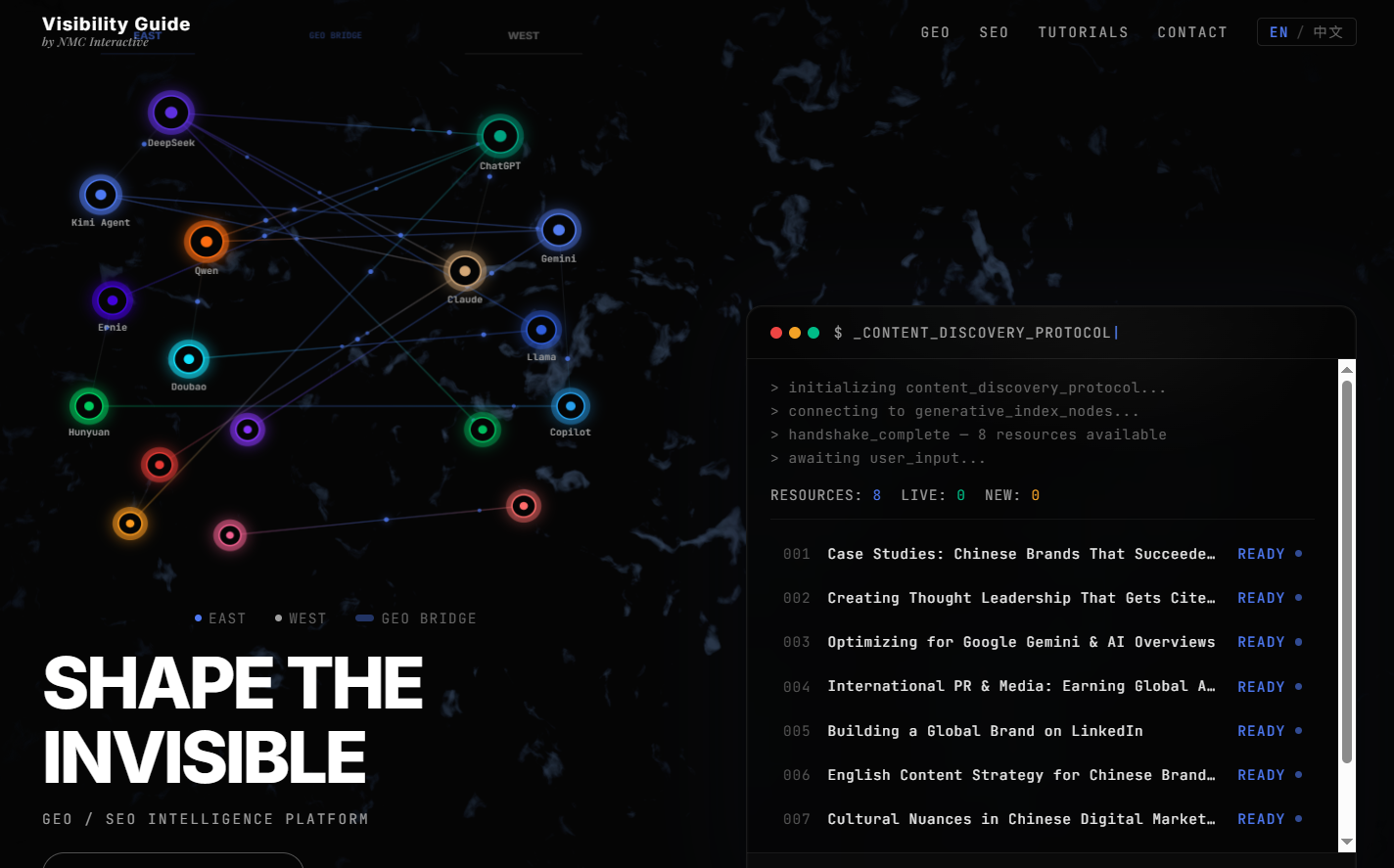 NMC Interactive 的 Visibility Guide，展示即時 GEO 資源地圖及教學介面